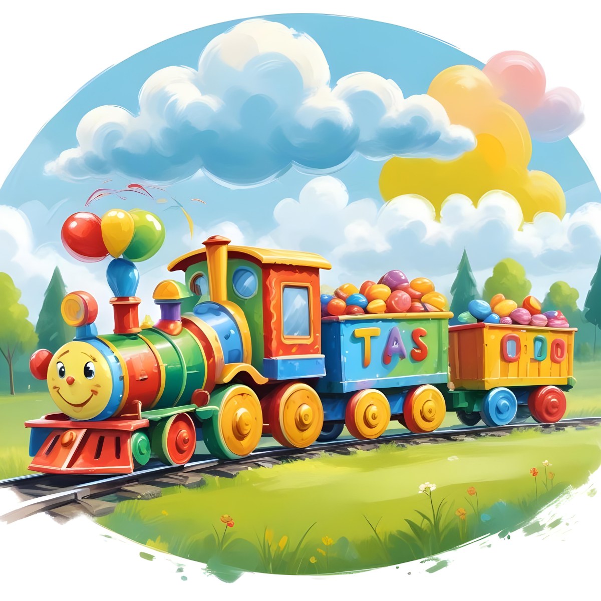 Digital Painting A Colorful Toy Train With A Smiling Face Carrying Candy In Its Wagons On A Green Field With Trees And Clouds In The Background Bold And Slim Lines Brush Strokes 59 1e72