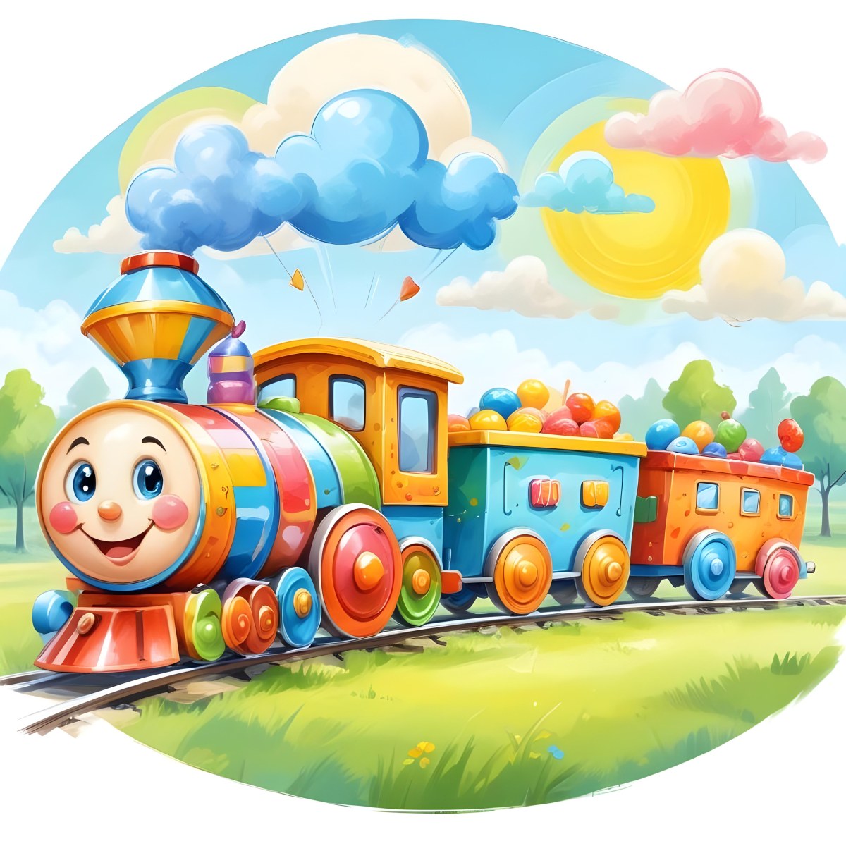 Digital Painting A Colorful Toy Train With A Smiling Face Carrying Candy In Its Wagons On A Green Field With Trees And Clouds In The Background Bold And Slim Lines Brush Strokes 60 D654