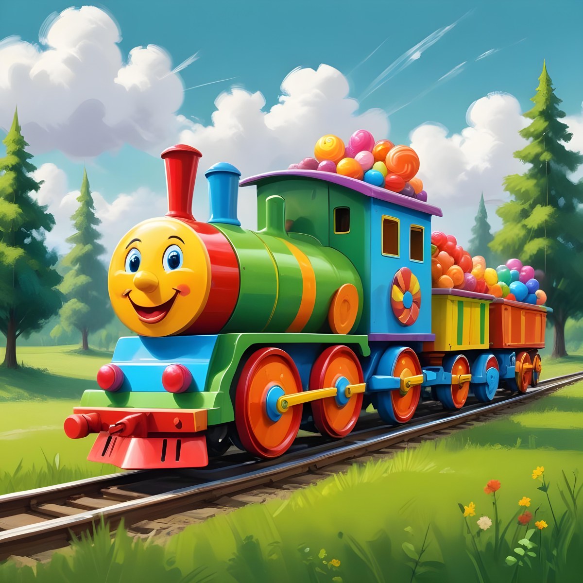 Digital Painting A Colorful Toy Train With A Smiling Face Carrying Candy In Its Wagons On A Green Field With Trees And Clouds In The Background Bold And Slim Lines Brush Strokes 61 Bbc6