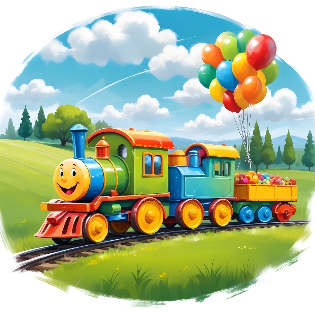 Digital Painting A Colorful Toy Train With A Smiling Face Carrying Candy In Its Wagons On A Green Field With Trees And Clouds In The Background Bold And Slim Lines Brush Strokes 62 4c89
