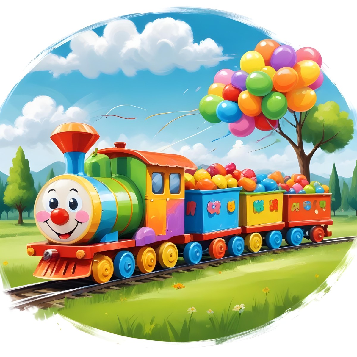 Digital Painting A Colorful Toy Train With A Smiling Face Carrying Candy In Its Wagons On A Green Field With Trees And Clouds In The Background Bold And Slim Lines Brush Strokes 64 Eb21