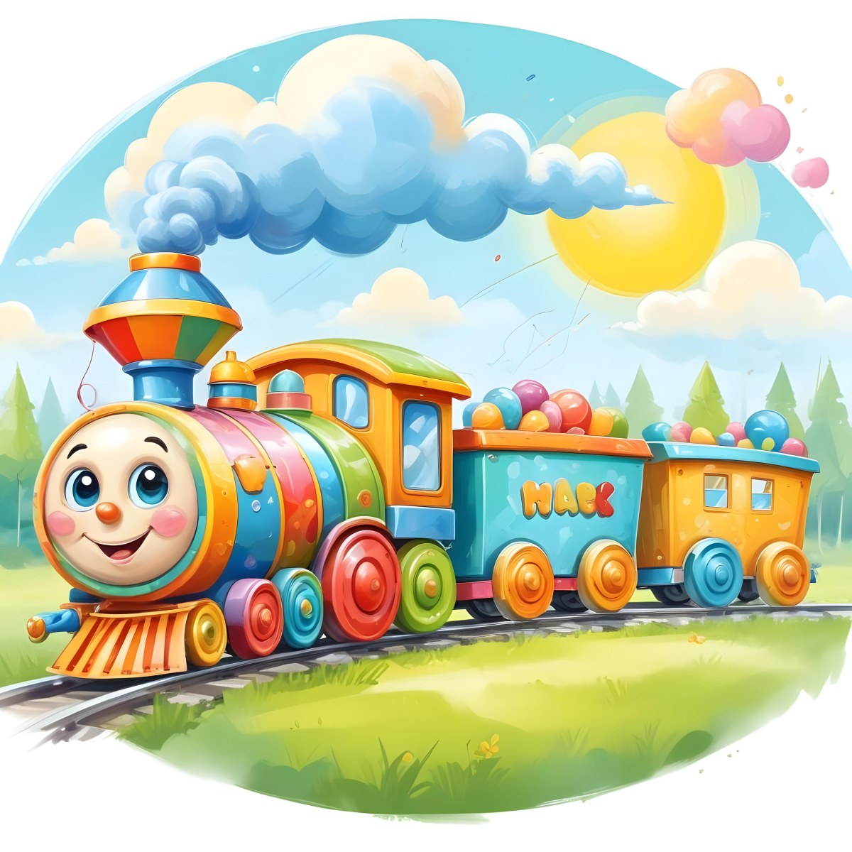 Digital Painting A Colorful Toy Train With A Smiling Face Carrying Candy In Its Wagons On A Green Field With Trees And Clouds In The Background Bold And Slim Lines Brush Strokes 65 B6f2