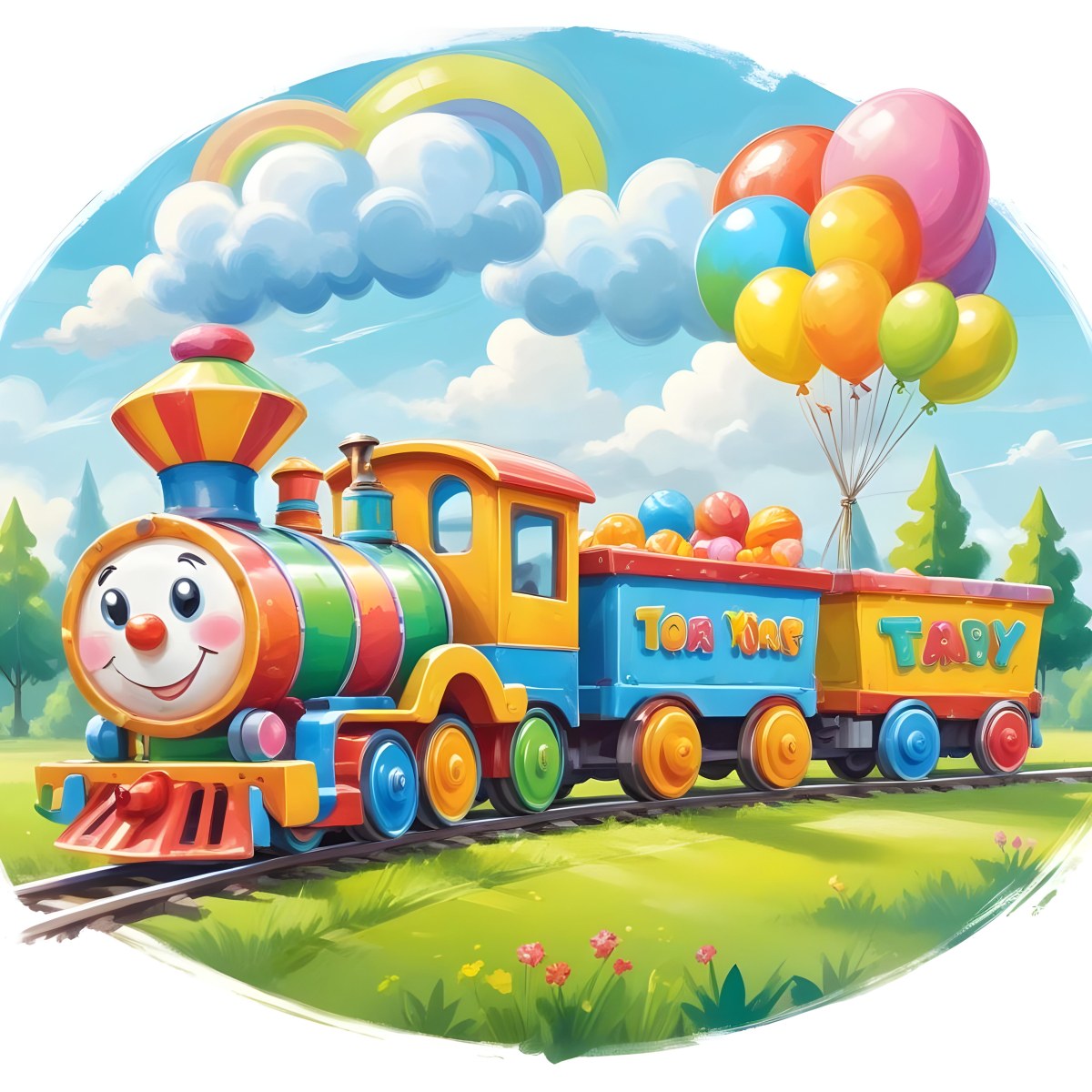 Digital Painting A Colorful Toy Train With A Smiling Face Carrying Candy In Its Wagons On A Green Field With Trees And Clouds In The Background Bold And Slim Lines Brush Strokes 7 730d