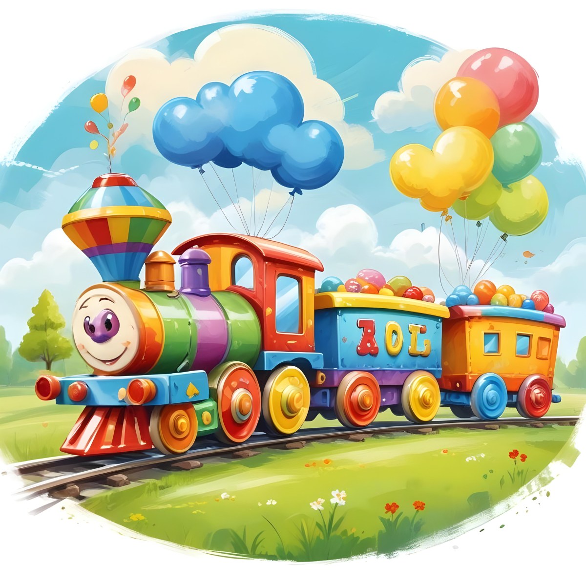 Digital Painting A Colorful Toy Train With A Smiling Face Carrying Candy In Its Wagons On A Green Field With Trees And Clouds In The Background Bold And Slim Lines Brush Strokes 8 Cf8c