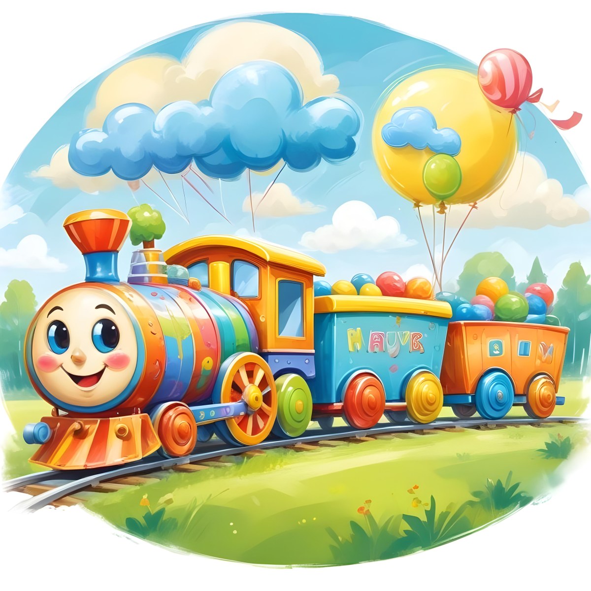 Digital Painting A Colorful Toy Train With A Smiling Face Carrying Candy In Its Wagons On A Green Field With Trees And Clouds In The Background Bold And Slim Lines Brush Strokes 9 3921