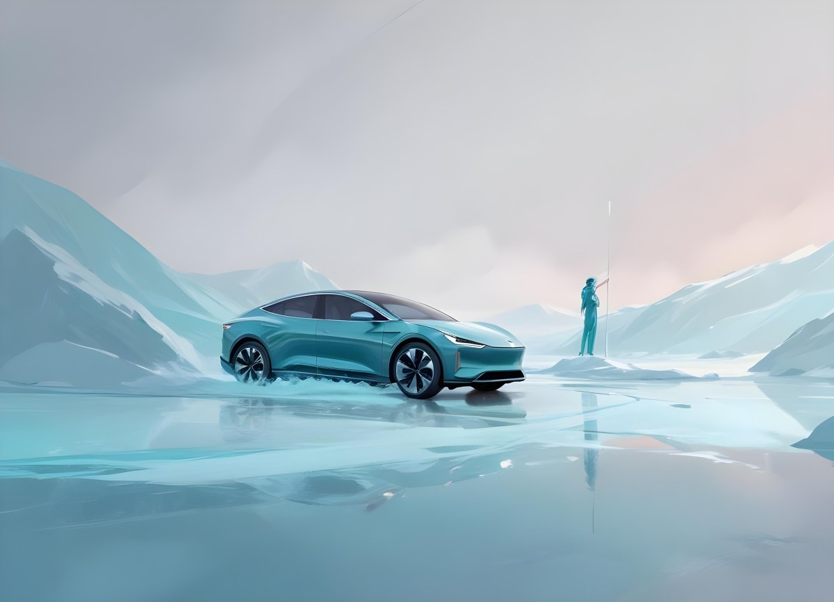 Digital Painting A Sleek Futuristic Electric Car In A Vibrant Teal Color Floating On An Icy Abstract Landscape With A Person Standing In The Background Bold And Slim Lines Brush Strokes 5 D847