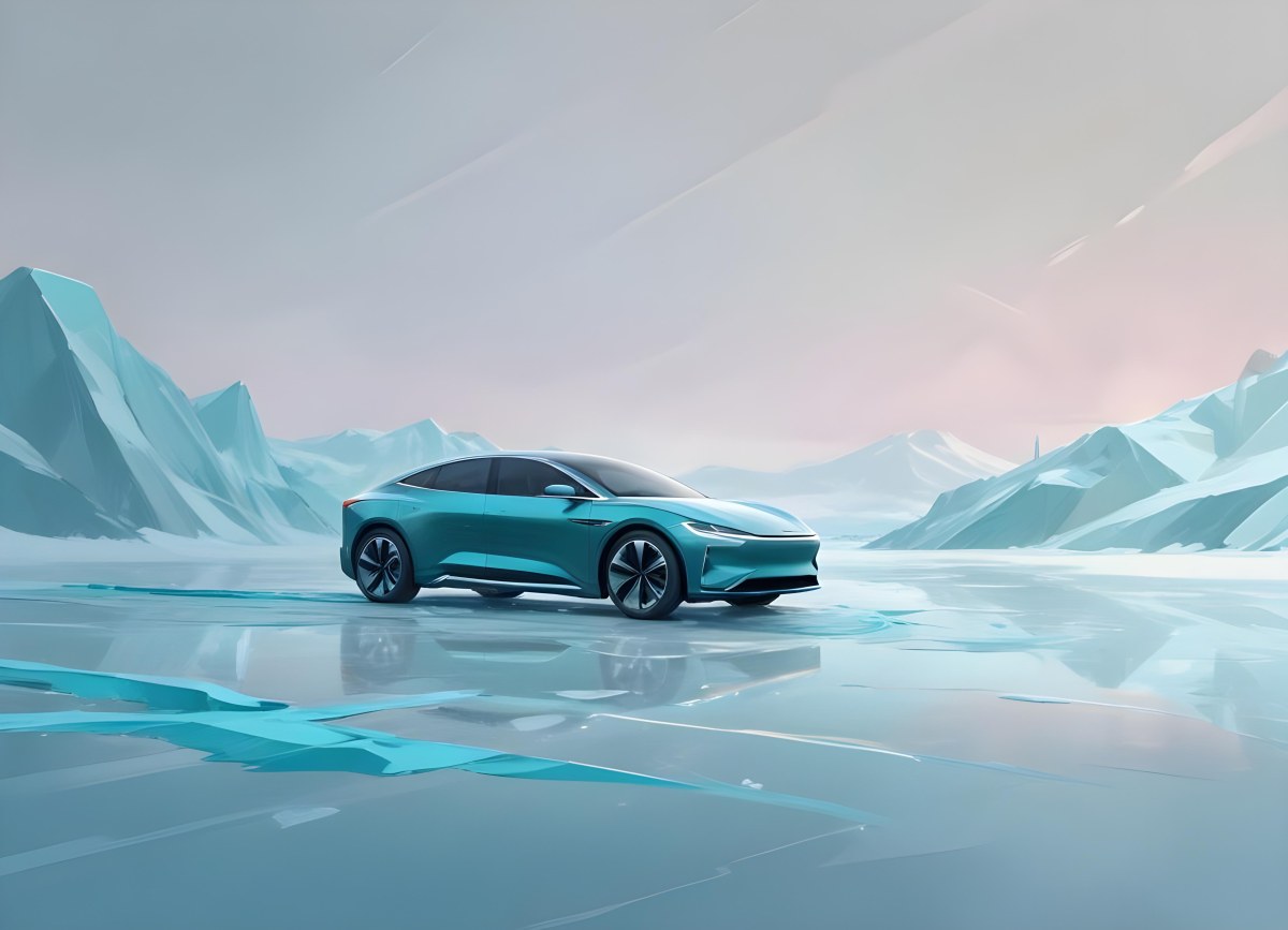 Digital Painting A Sleek Futuristic Electric Car In A Vibrant Teal Color Floating On An Icy Abstract Landscape With A Person Standing In The Background Bold And Slim Lines Brush Strokes 6 5f99