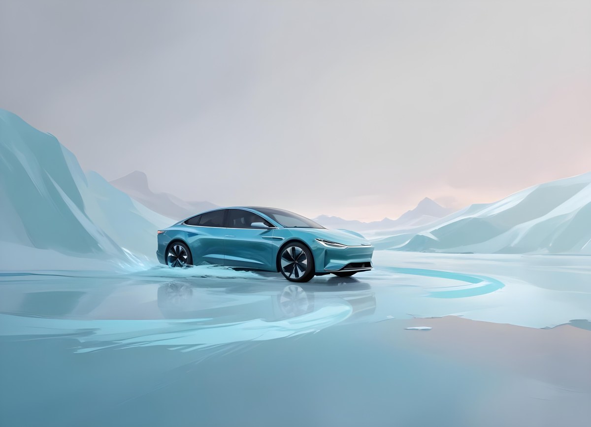 Digital Painting A Sleek Futuristic Electric Car In A Vibrant Teal Color Floating On An Icy Abstract Landscape With A Person Standing In The Background Bold And Slim Lines Brush Strokes 7 4553