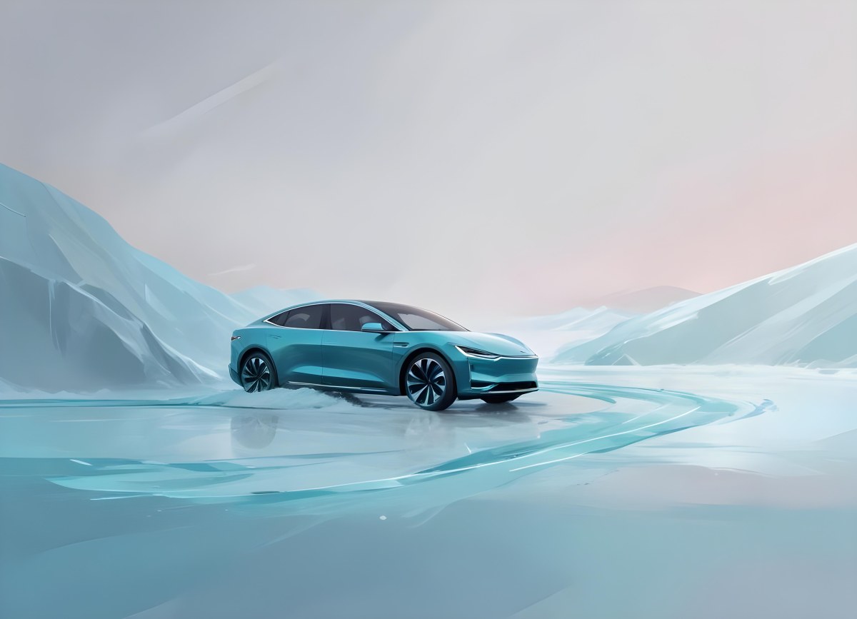 Digital Painting A Sleek Futuristic Electric Car In A Vibrant Teal Color Floating On An Icy Abstract Landscape With A Person Standing In The Background Bold And Slim Lines Brush Strokes 8 09f7
