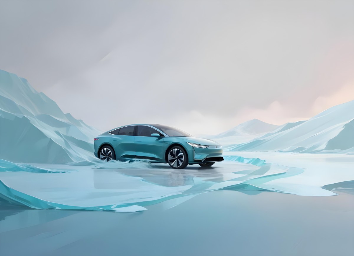 Digital Painting A Sleek Futuristic Electric Car In A Vibrant Teal Color Floating On An Icy Abstract Landscape With A Person Standing In The Background Bold And Slim Lines Brush Strokes 9 7020