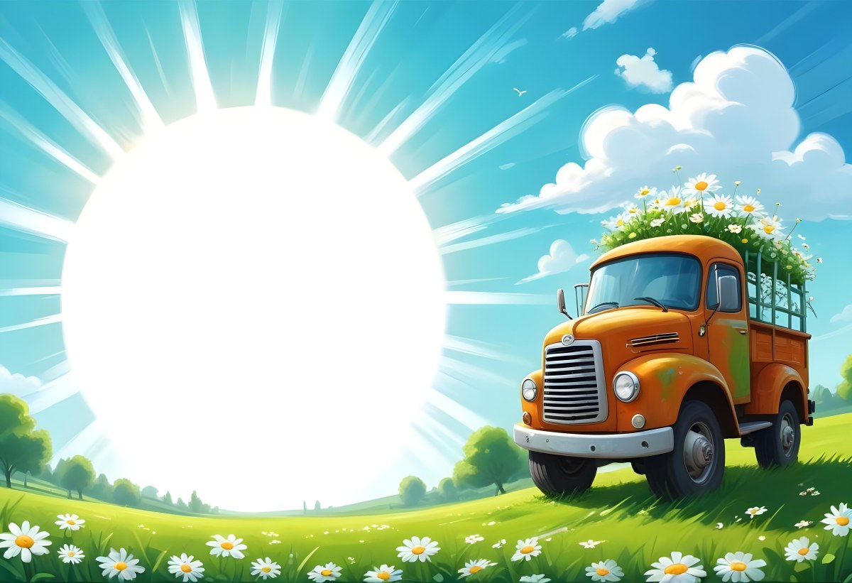 Digital Painting Cartoon Green Truck With A Smiling Face On A Green Field With Daisies Blue Sky With Clouds And Sun Rays Bold And Slim Lines Brush Strokes 11 6389