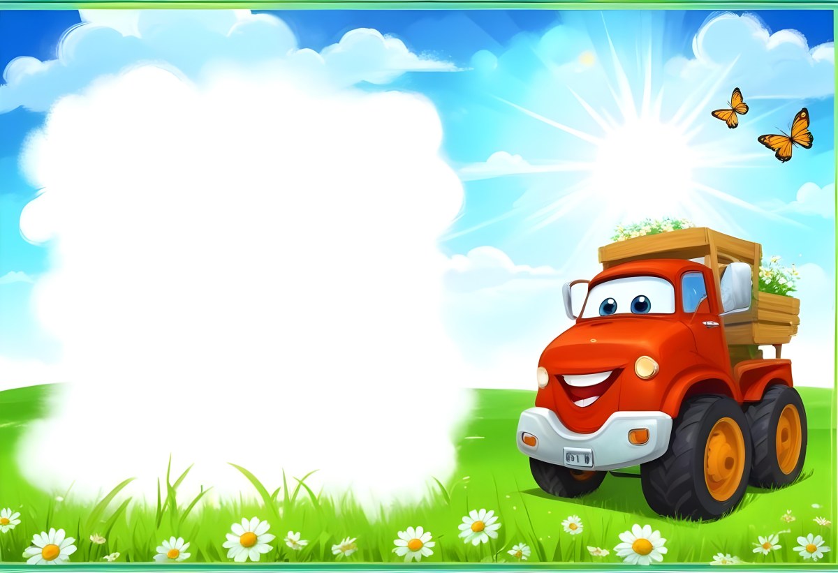 Digital Painting Cartoon Green Truck With A Smiling Face On A Green Field With Daisies Blue Sky With Clouds And Sun Rays Bold And Slim Lines Brush Strokes 12 9efe