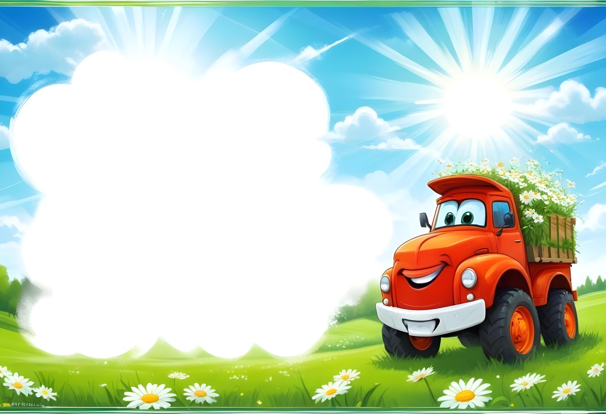 Digital Painting Cartoon Green Truck With A Smiling Face On A Green Field With Daisies Blue Sky With Clouds And Sun Rays Bold And Slim Lines Brush Strokes 14 F50a