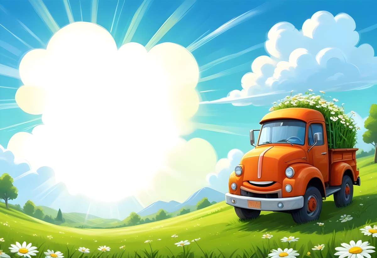 Digital Painting Cartoon Green Truck With A Smiling Face On A Green Field With Daisies Blue Sky With Clouds And Sun Rays Bold And Slim Lines Brush Strokes 18 F453