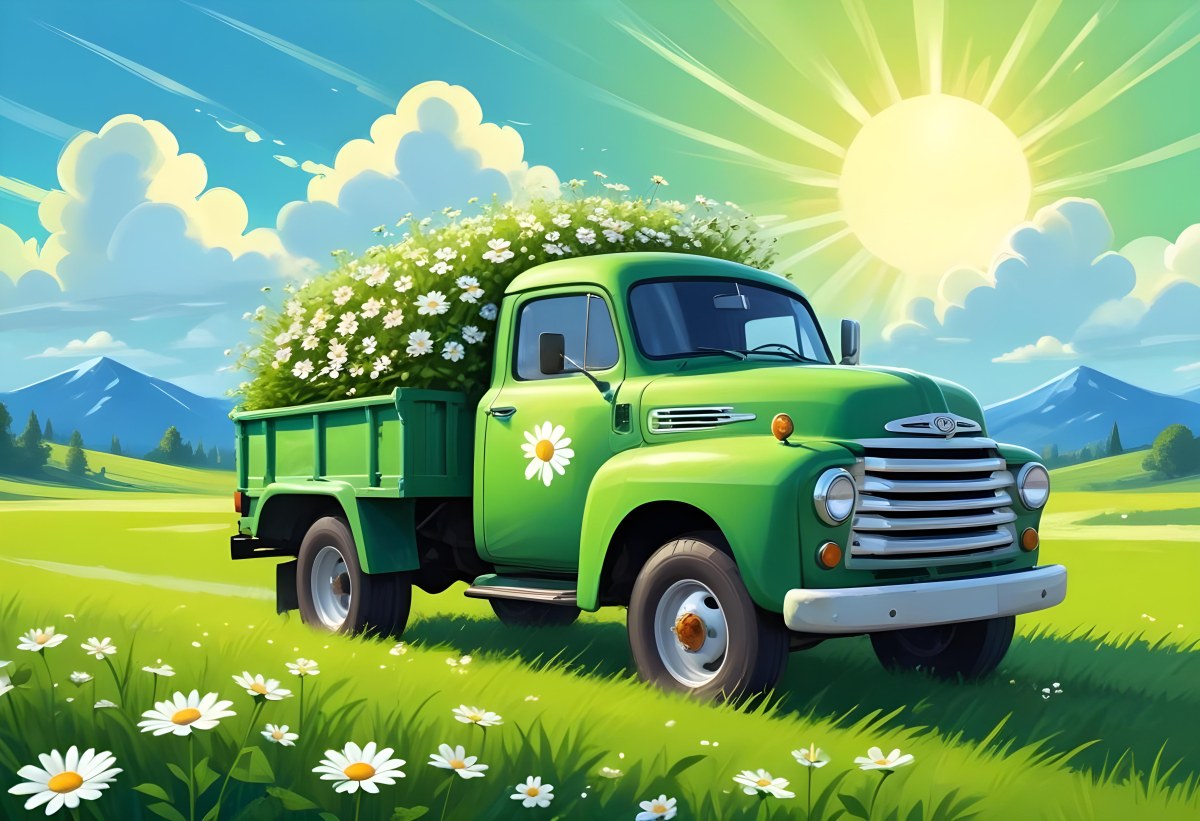 Digital Painting Cartoon Green Truck With A Smiling Face On A Green Field With Daisies Blue Sky With Clouds And Sun Rays Bold And Slim Lines Brush Strokes 21 3f84