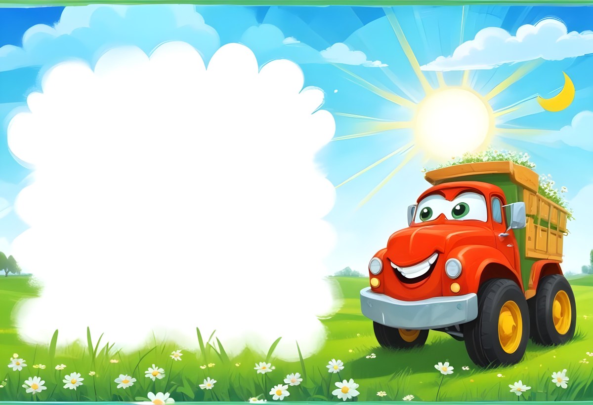 Digital Painting Cartoon Green Truck With A Smiling Face On A Green Field With Daisies Blue Sky With Clouds And Sun Rays Bold And Slim Lines Brush Strokes 22 28d7