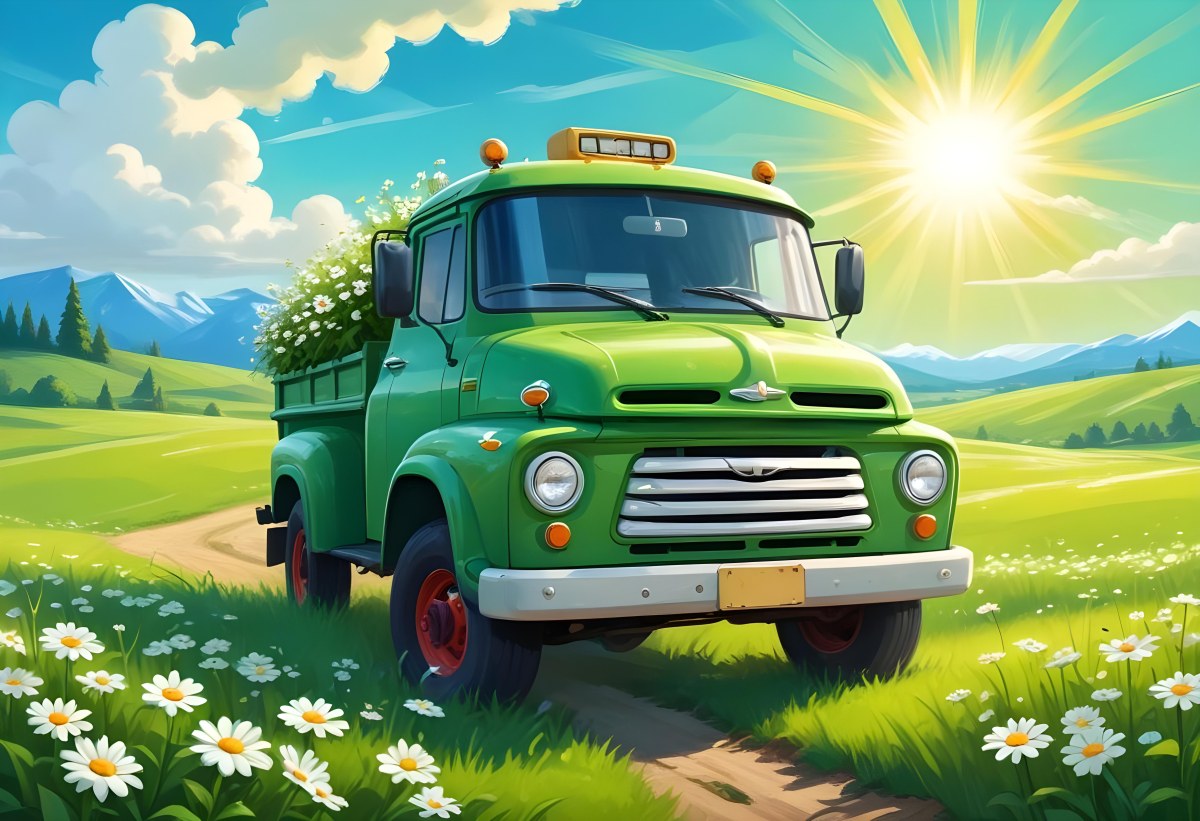Digital Painting Cartoon Green Truck With A Smiling Face On A Green Field With Daisies Blue Sky With Clouds And Sun Rays Bold And Slim Lines Brush Strokes 23 351c