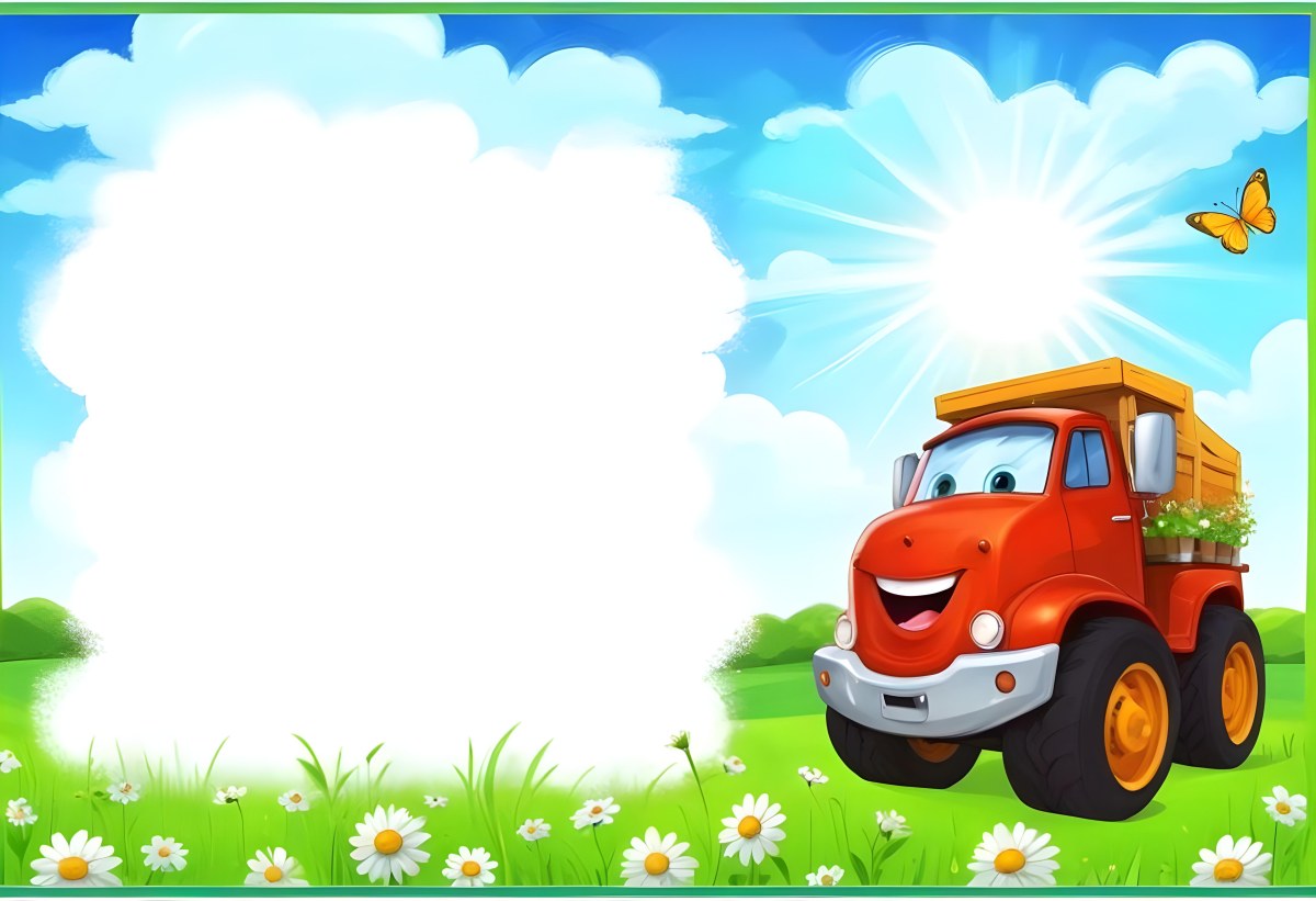 Digital Painting Cartoon Green Truck With A Smiling Face On A Green Field With Daisies Blue Sky With Clouds And Sun Rays Bold And Slim Lines Brush Strokes 24 0d8a
