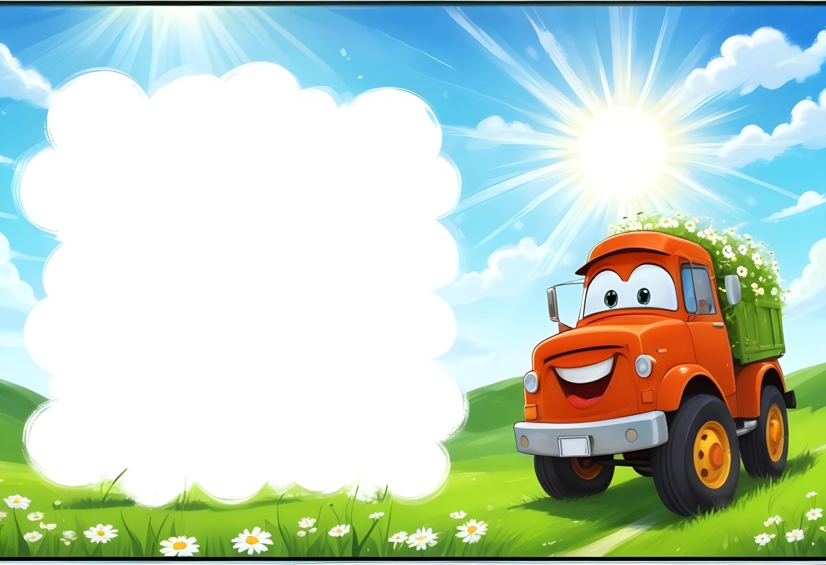 Digital Painting Cartoon Green Truck With A Smiling Face On A Green Field With Daisies Blue Sky With Clouds And Sun Rays Bold And Slim Lines Brush Strokes 7 1a96