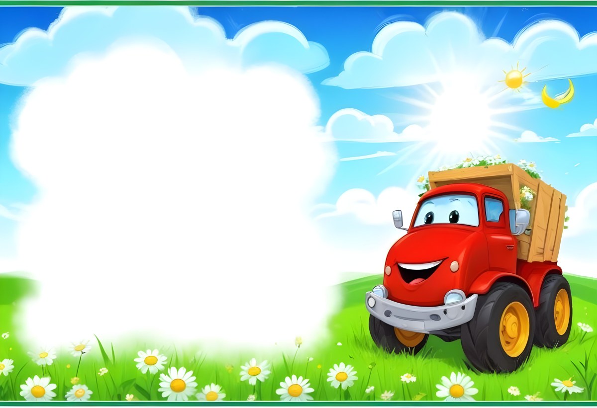 Digital Painting Cartoon Green Truck With A Smiling Face On A Green Field With Daisies Blue Sky With Clouds And Sun Rays Bold And Slim Lines Brush Strokes 9 3558