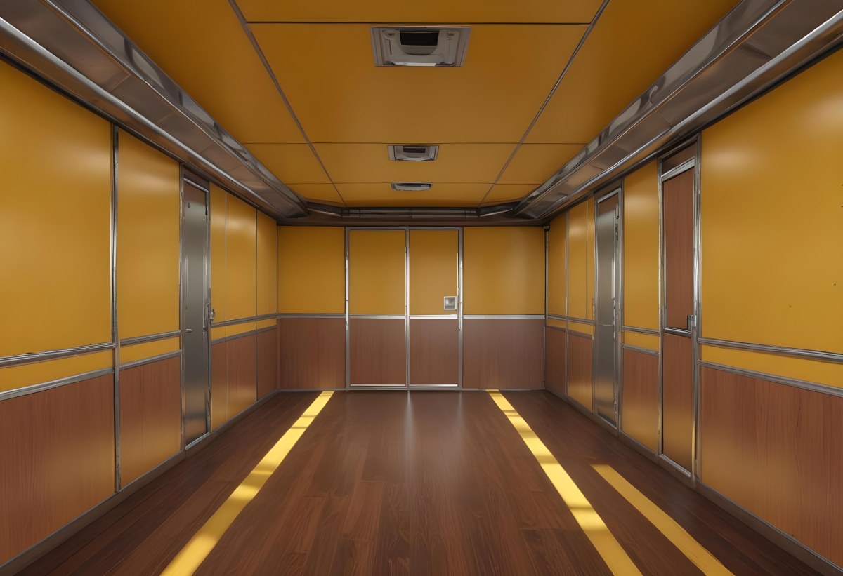 Inside Of An Empty Semi Truck Trailer With Brown Floor And Metal Walls Yellow Ceiling Wooden Door At The End 1 F31d