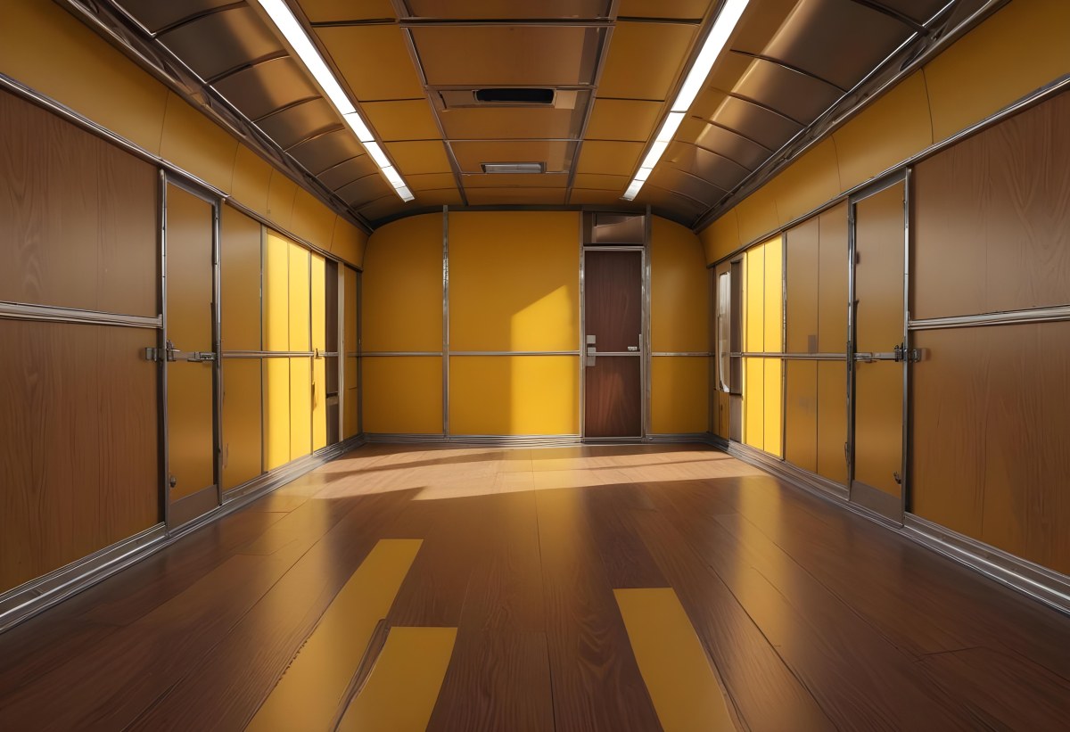 Inside Of An Empty Semi Truck Trailer With Brown Floor And Metal Walls Yellow Ceiling Wooden Door At The End 13 B061