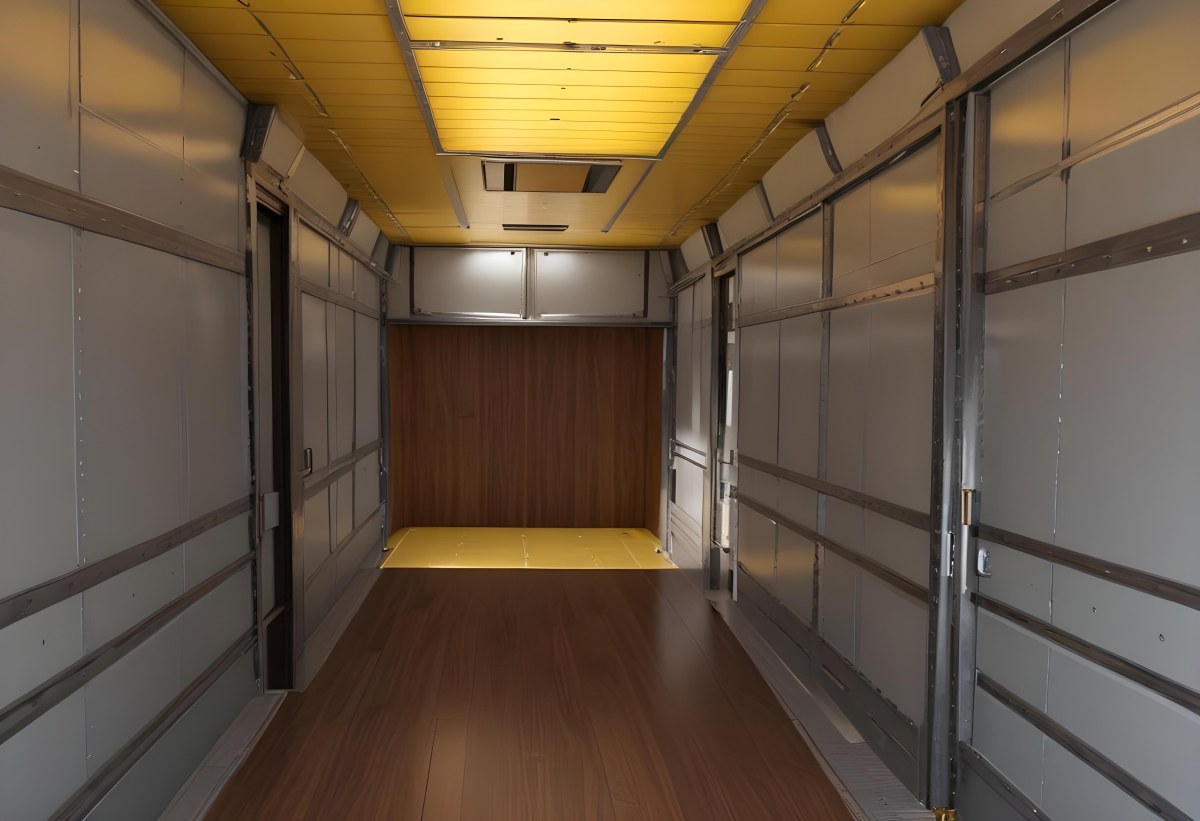 Inside Of An Empty Semi Truck Trailer With Brown Floor And Metal Walls Yellow Ceiling Wooden Door At The End 15 562e