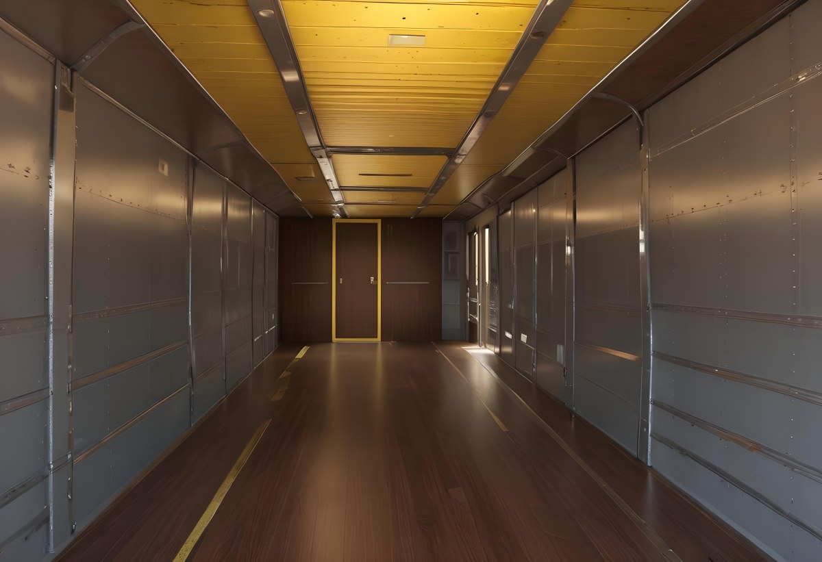 Inside Of An Empty Semi Truck Trailer With Brown Floor And Metal Walls Yellow Ceiling Wooden Door At The End 17 0907