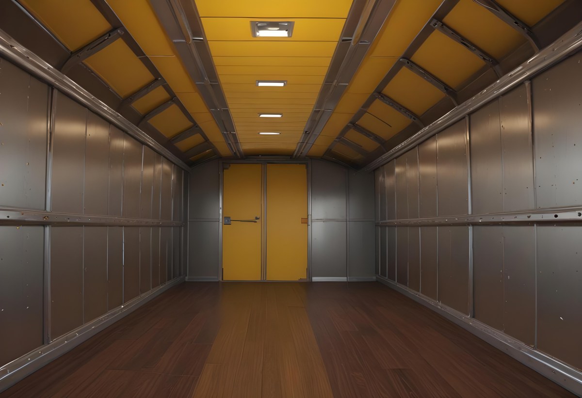 Inside Of An Empty Semi Truck Trailer With Brown Floor And Metal Walls Yellow Ceiling Wooden Door At The End 19 Caae