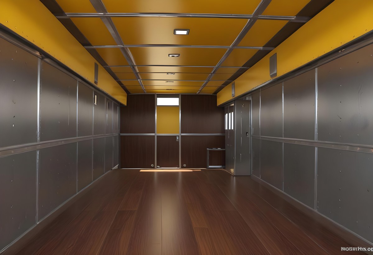Inside Of An Empty Semi Truck Trailer With Brown Floor And Metal Walls Yellow Ceiling Wooden Door At The End 21 9804