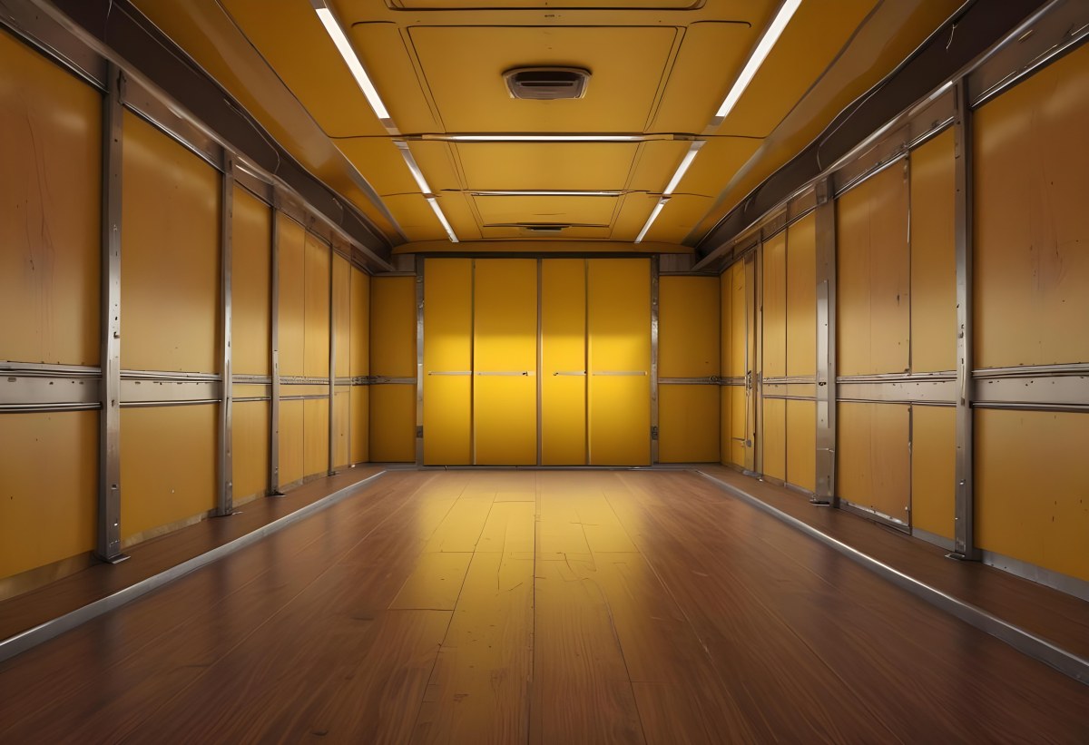 Inside Of An Empty Semi Truck Trailer With Brown Floor And Metal Walls Yellow Ceiling Wooden Door At The End 22 70f7