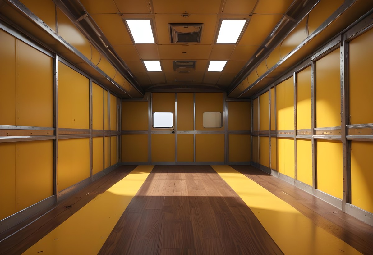 Inside Of An Empty Semi Truck Trailer With Brown Floor And Metal Walls Yellow Ceiling Wooden Door At The End 3 4f64