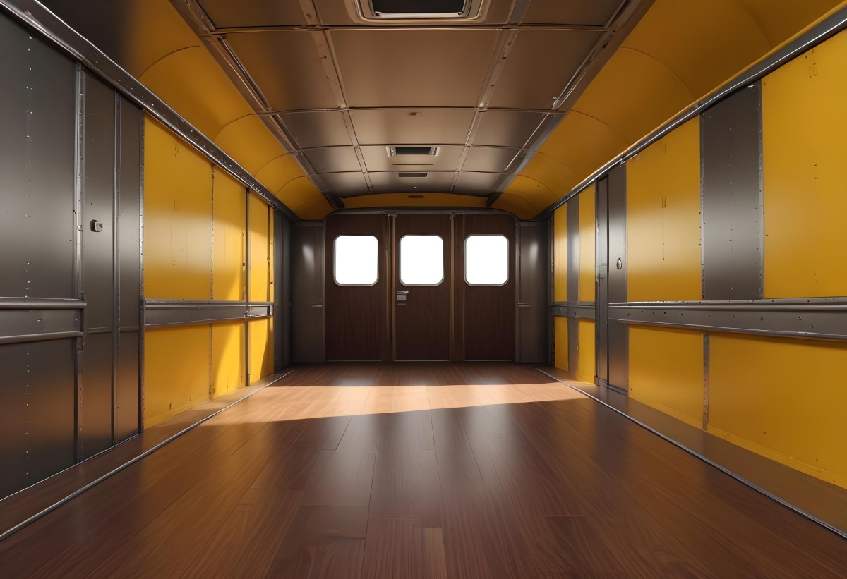 Inside Of An Empty Semi Truck Trailer With Brown Floor And Metal Walls Yellow Ceiling Wooden Door At The End 5 57c3