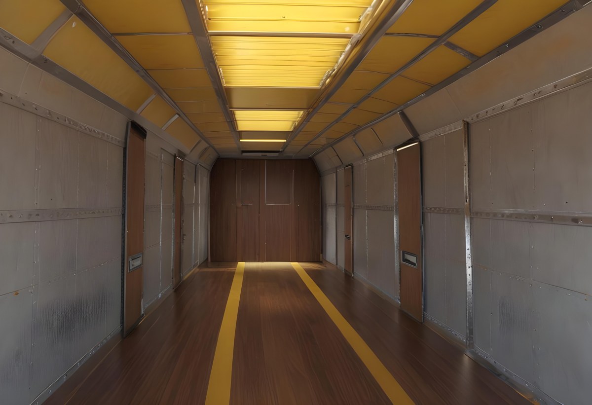 Inside Of An Empty Semi Truck Trailer With Brown Floor And Metal Walls Yellow Ceiling Wooden Door At The End 8 42fe