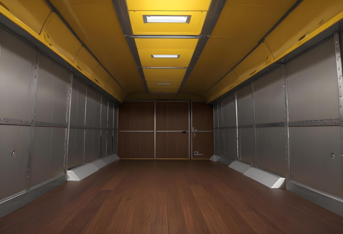 Inside Of An Empty Semi Truck Trailer With Brown Floor And Metal Walls Yellow Ceiling Wooden Door At The End 9 Aa75