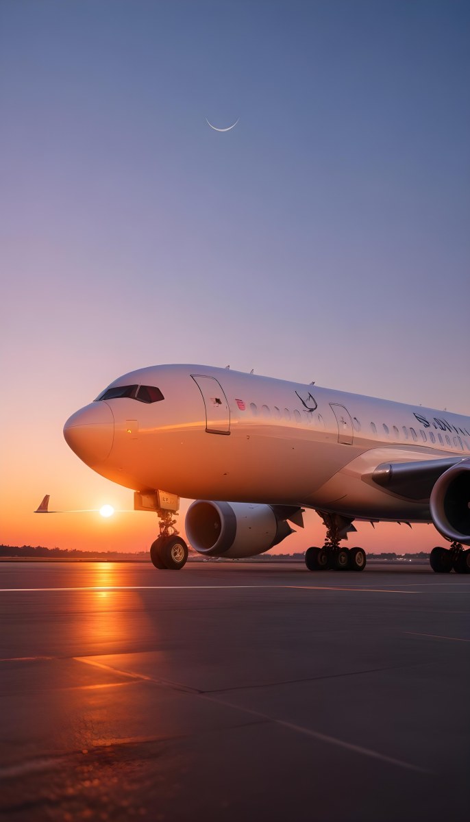 Minimal Soft Studio Light Photography A Commercial Passenger Jet On The Tarmac At Sunset With The Sun Setting In The Background And A Crescent Moon Visible In The Sky High Detail Solid Bold Color Background 1 79b2