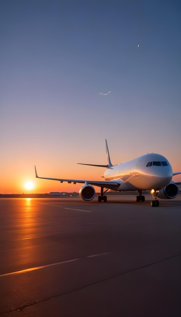 Minimal Soft Studio Light Photography A Commercial Passenger Jet On The Tarmac At Sunset With The Sun Setting In The Background And A Crescent Moon Visible In The Sky High Detail Solid Bold Color Background 12 Bc29