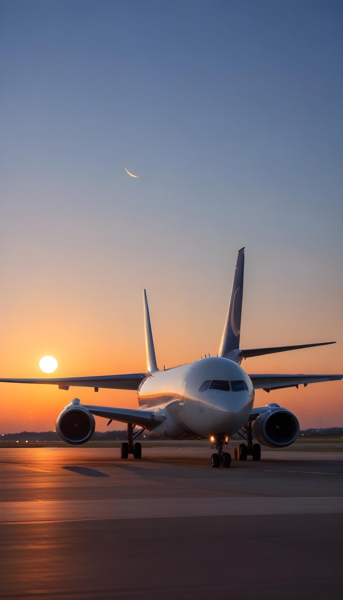 Minimal Soft Studio Light Photography A Commercial Passenger Jet On The Tarmac At Sunset With The Sun Setting In The Background And A Crescent Moon Visible In The Sky High Detail Solid Bold Color Background 13 3a68