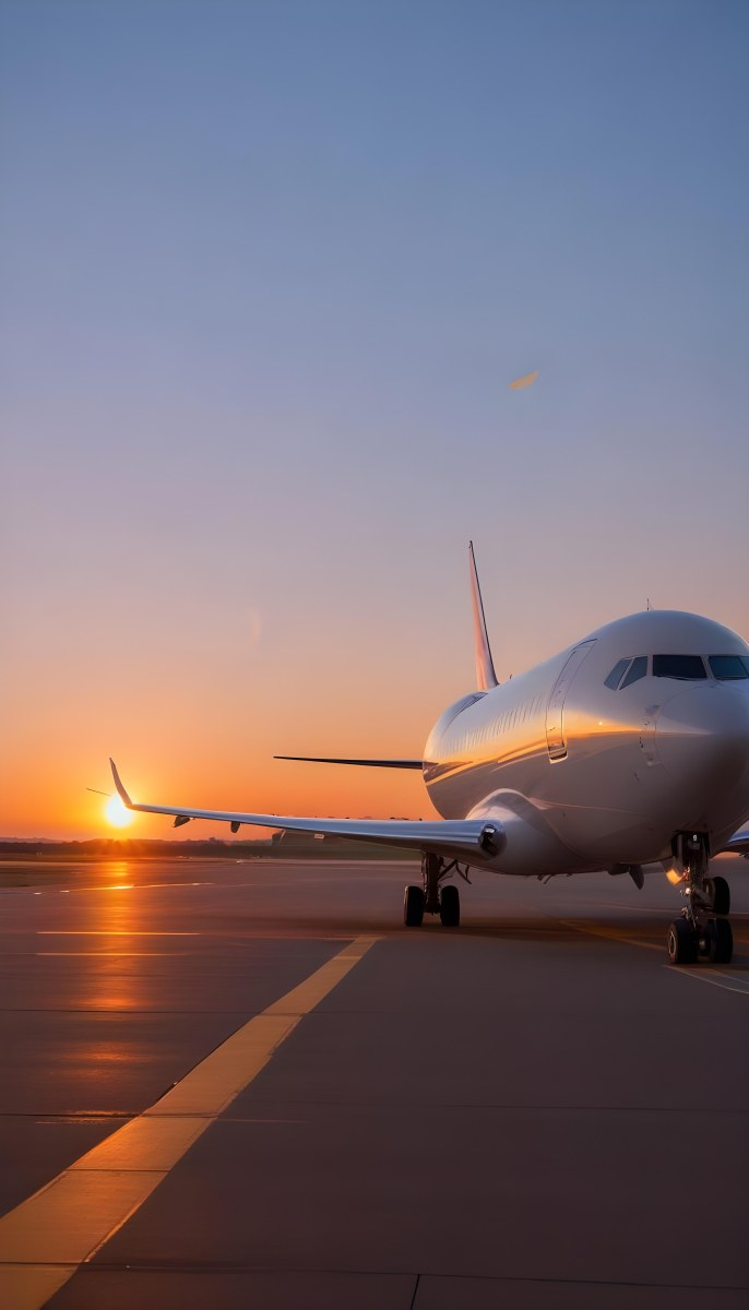Minimal Soft Studio Light Photography A Commercial Passenger Jet On The Tarmac At Sunset With The Sun Setting In The Background And A Crescent Moon Visible In The Sky High Detail Solid Bold Color Background 16 608e