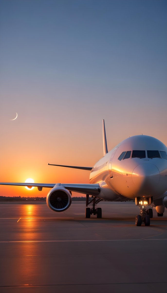 Minimal Soft Studio Light Photography A Commercial Passenger Jet On The Tarmac At Sunset With The Sun Setting In The Background And A Crescent Moon Visible In The Sky High Detail Solid Bold Color Background 17 F43d