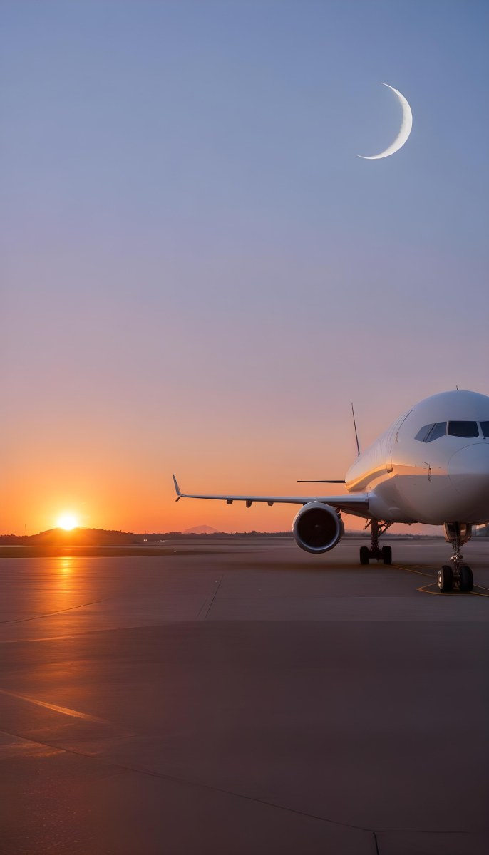 Minimal Soft Studio Light Photography A Commercial Passenger Jet On The Tarmac At Sunset With The Sun Setting In The Background And A Crescent Moon Visible In The Sky High Detail Solid Bold Color Background 18 Ac46