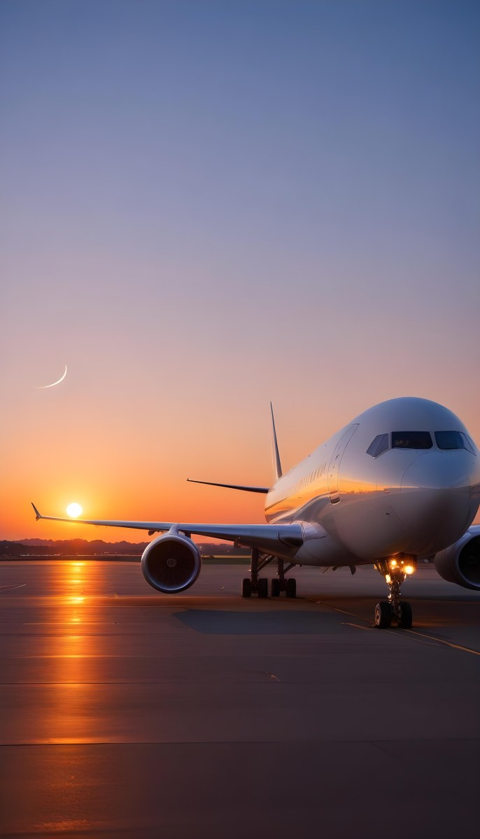 Minimal Soft Studio Light Photography A Commercial Passenger Jet On The Tarmac At Sunset With The Sun Setting In The Background And A Crescent Moon Visible In The Sky High Detail Solid Bold Color Background 19 2b81