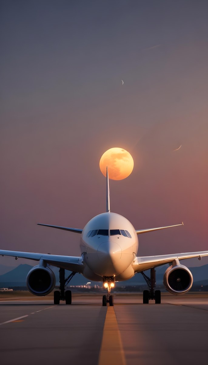 Minimal Soft Studio Light Photography A Commercial Passenger Jet On The Tarmac At Sunset With The Sun Setting In The Background And A Crescent Moon Visible In The Sky High Detail Solid Bold Color Background 2 E8dd