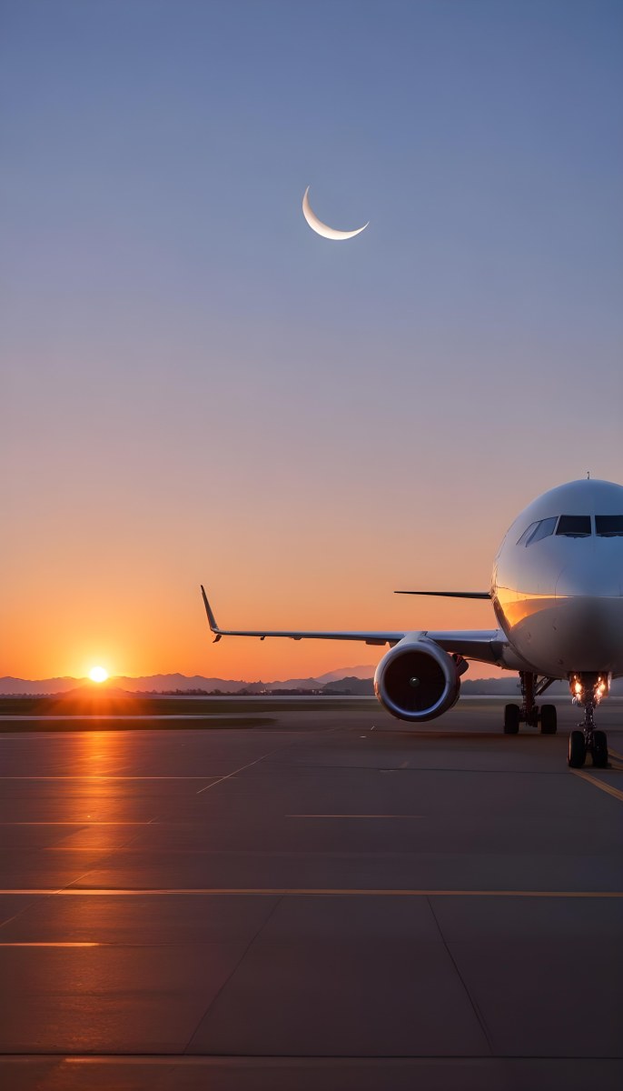 Minimal Soft Studio Light Photography A Commercial Passenger Jet On The Tarmac At Sunset With The Sun Setting In The Background And A Crescent Moon Visible In The Sky High Detail Solid Bold Color Background 20 3a37
