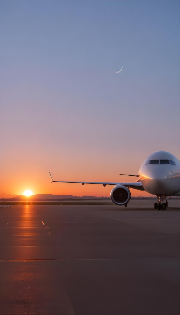Minimal Soft Studio Light Photography A Commercial Passenger Jet On The Tarmac At Sunset With The Sun Setting In The Background And A Crescent Moon Visible In The Sky High Detail Solid Bold Color Background 21 5870