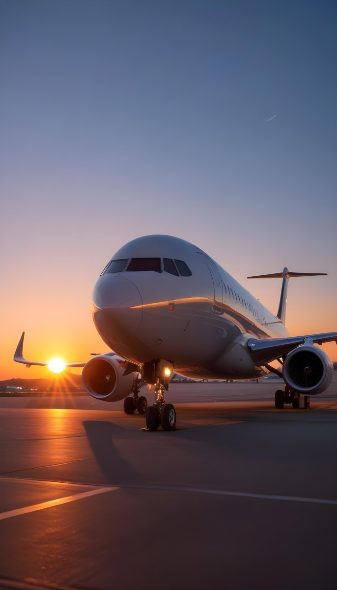 Minimal Soft Studio Light Photography A Commercial Passenger Jet On The Tarmac At Sunset With The Sun Setting In The Background And A Crescent Moon Visible In The Sky High Detail Solid Bold Color Background 22 968a