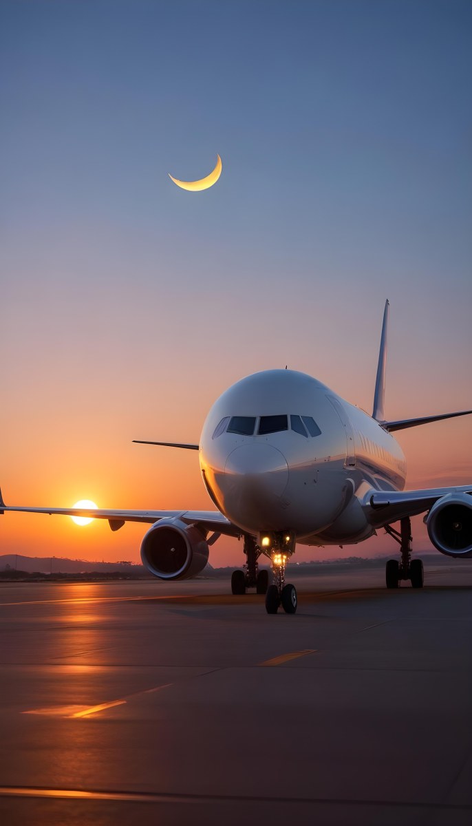 Minimal Soft Studio Light Photography A Commercial Passenger Jet On The Tarmac At Sunset With The Sun Setting In The Background And A Crescent Moon Visible In The Sky High Detail Solid Bold Color Background 3 B9ef