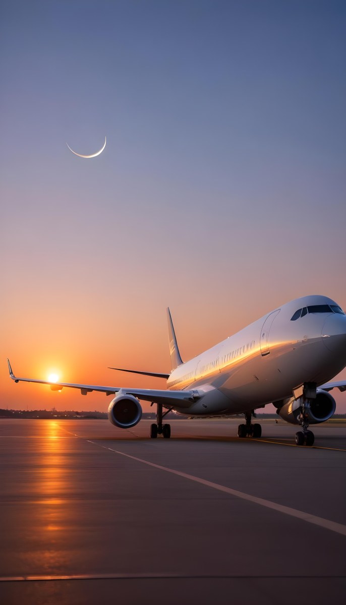 Minimal Soft Studio Light Photography A Commercial Passenger Jet On The Tarmac At Sunset With The Sun Setting In The Background And A Crescent Moon Visible In The Sky High Detail Solid Bold Color Background 4 B73c