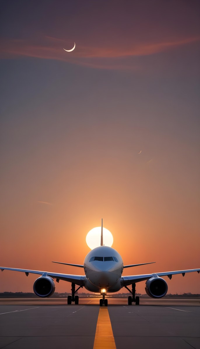 Minimal Soft Studio Light Photography A Commercial Passenger Jet On The Tarmac At Sunset With The Sun Setting In The Background And A Crescent Moon Visible In The Sky High Detail Solid Bold Color Background 5 7c29