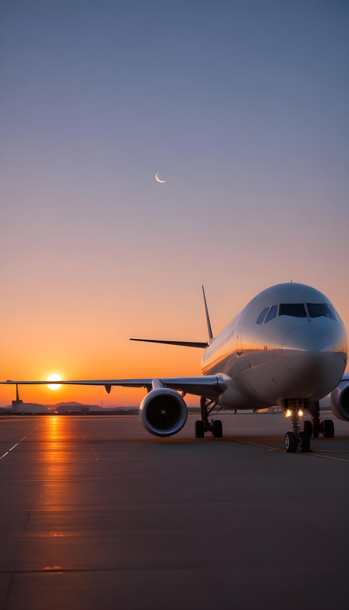 Minimal Soft Studio Light Photography A Commercial Passenger Jet On The Tarmac At Sunset With The Sun Setting In The Background And A Crescent Moon Visible In The Sky High Detail Solid Bold Color Background 6 904a